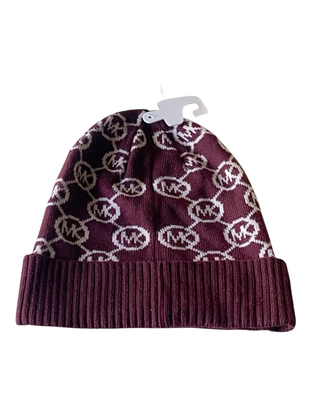 Michael Kors Rib Knit Beanie All-Over MK Print Burgundy White One Size NWT